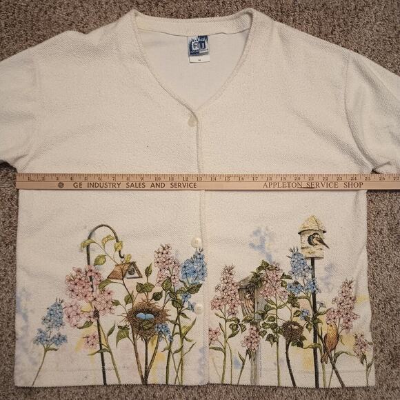 Vtg Art Unlimited Cardigan Terry Cloth Sweatshirt Womens Flowers Birds XL 90s - Picture 11 of 13